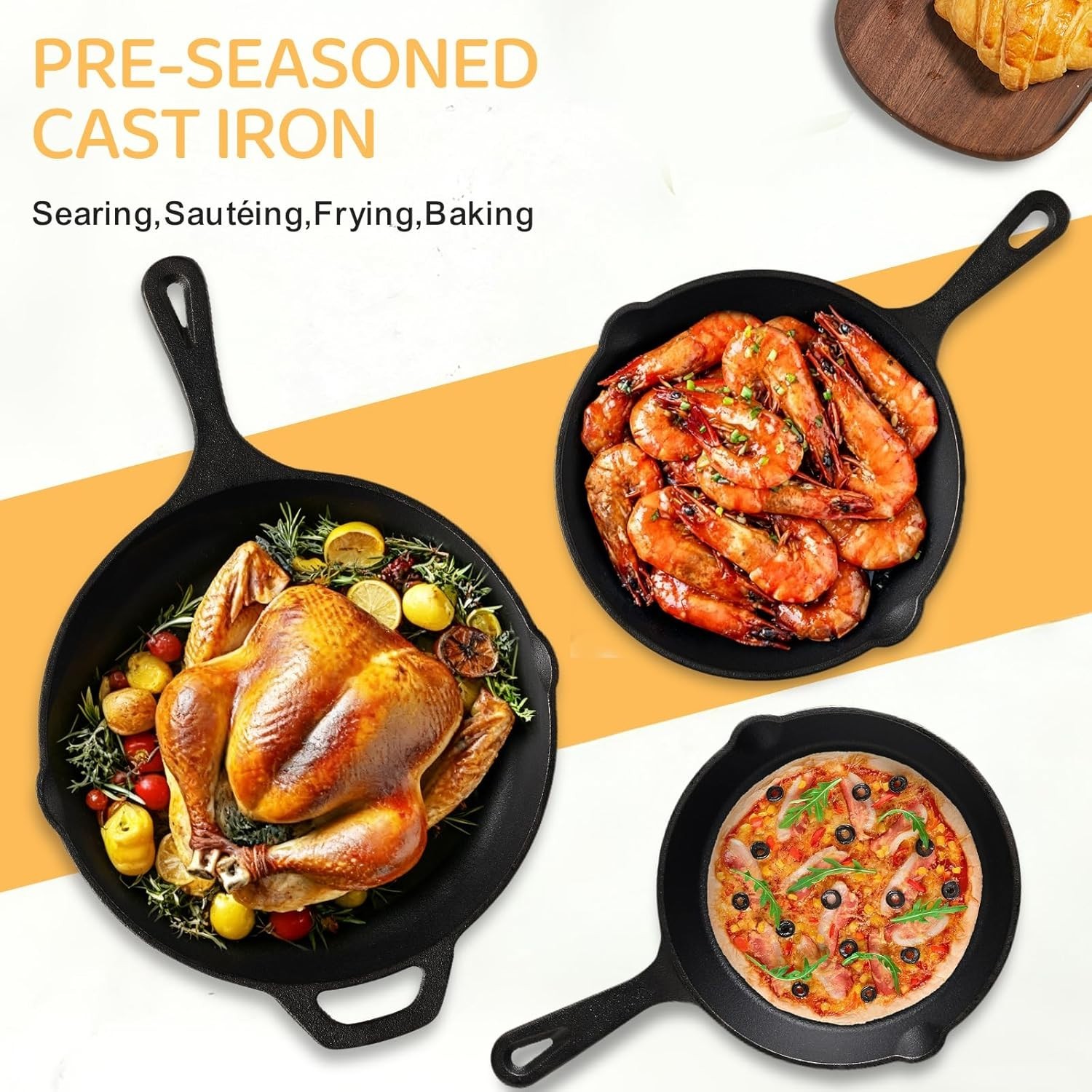 Professional 3-Pan Cast Iron Skillet Set – 6 In., 8 In., & 10 In. for Every Chef