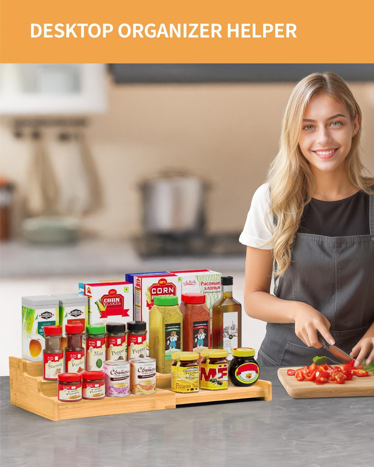 VenDotbi Spice Rack, 3-Tier Expandable Bamboo 8.74*8.74*3.35IN,
