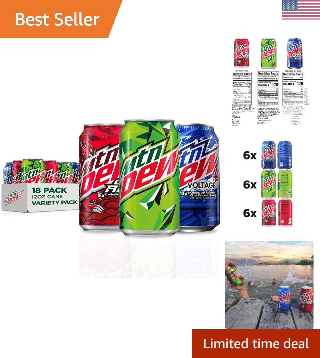 Mtn Dew 3 Flavor Variety Pack: Code Red, Voltage & Original – 12 Fl Oz, 18 Cans
