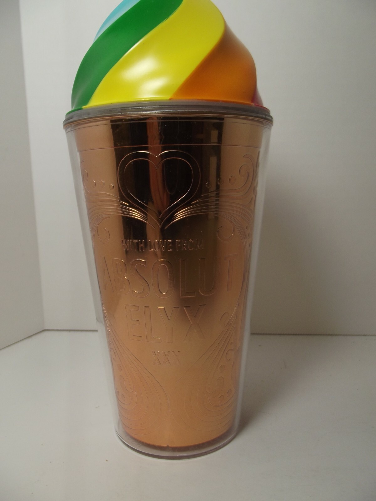 Absolut Elyx Copper Gay Pride Drinking Cup Tumbler Rainbow Lid Mixed Drinks NEW