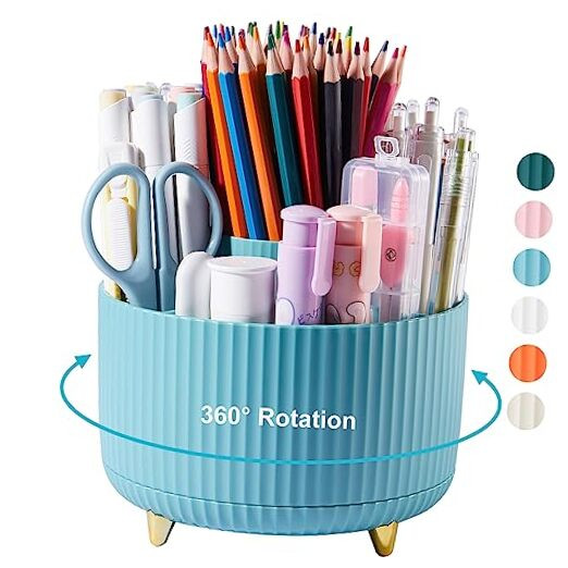 360 Degree Rotation Pen Holder, 5 Slots Office Desk Pen Organizer Multi Blue