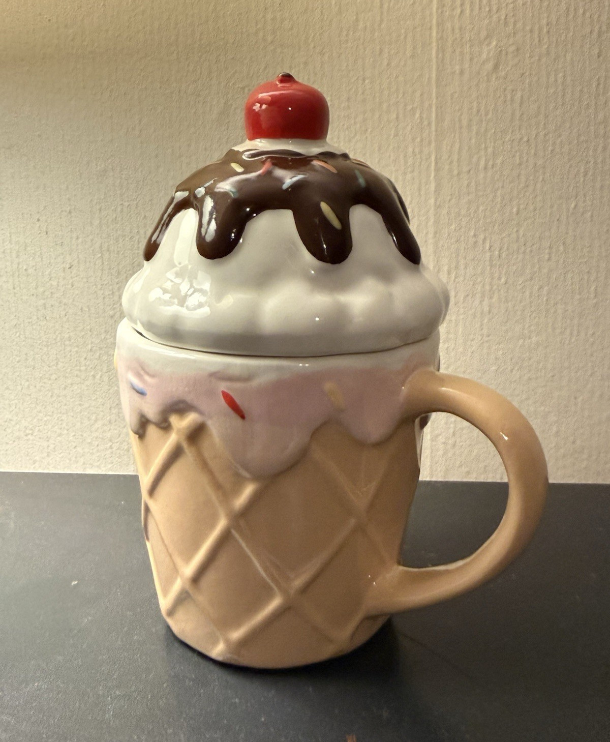 Crescent Enterprise Ice Cream Cone Sundae Figural Ceramic Mug w/ Lid, Cherry Top