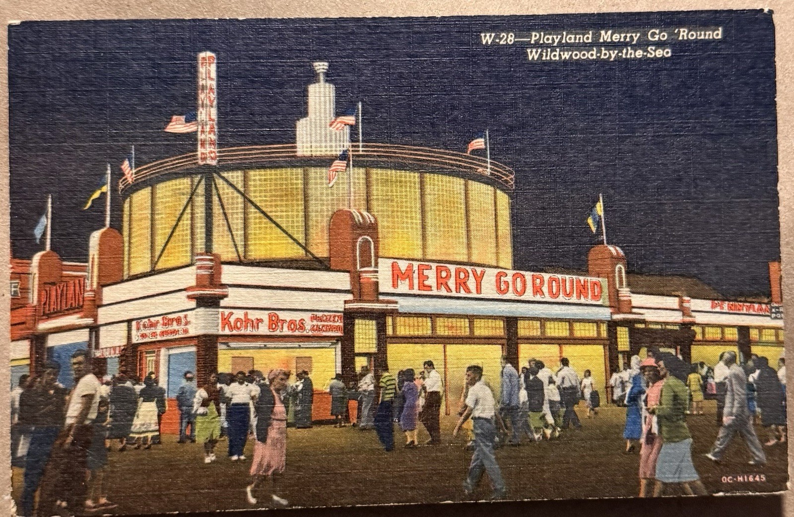 1955 Wildwood NJ, Playland Merry Go ‘Round, By Night, Cape May County, Postcard