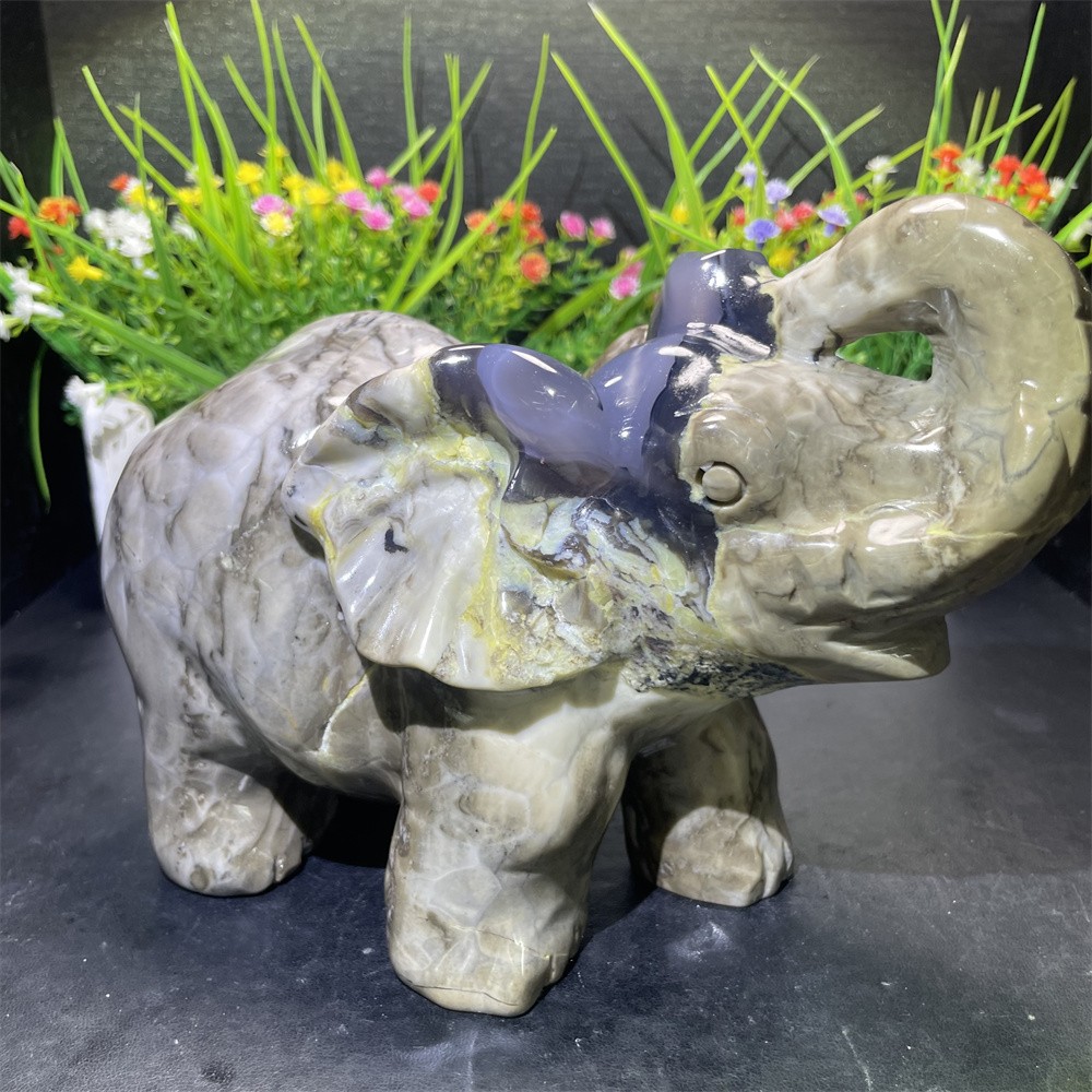 6.3LB 8.4″Natural Fluorescent Agate Elephant Carving Crystal Quartz Decor Statue
