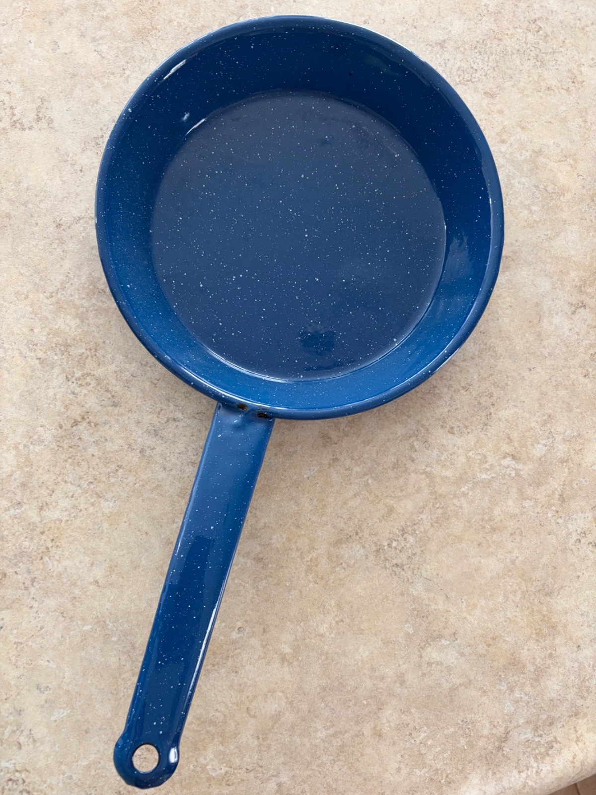Vintage Blue Speckled Enamelware Skillet Frying Pan.