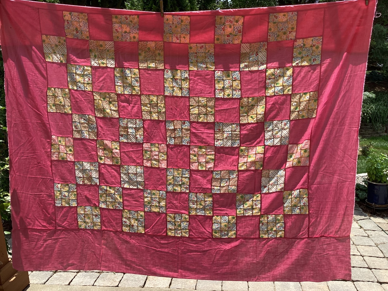 Vintage 9 square Patch Quilt Top Feed Sack Calico Fabrics handsewn 76 x 88