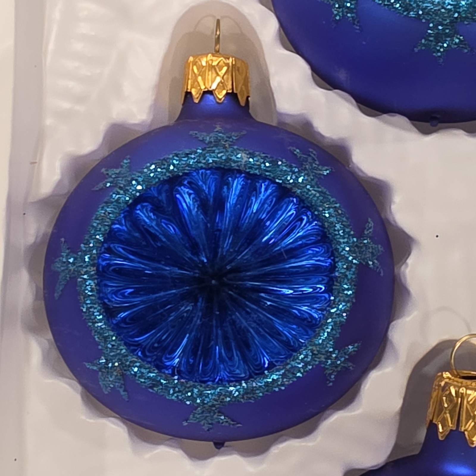 Sears Roebuck Indent Ornaments Celebrate the Season Glass Blue Glitter Set of 4