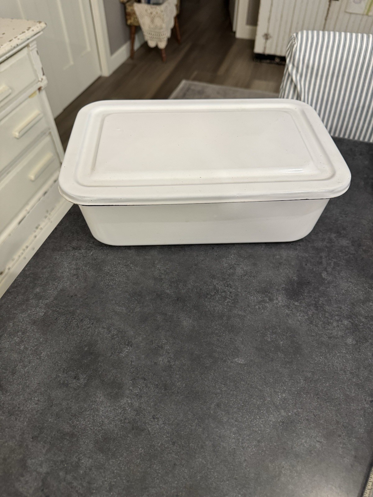 Vintage White Enamelware Black Trim Enamel Ware