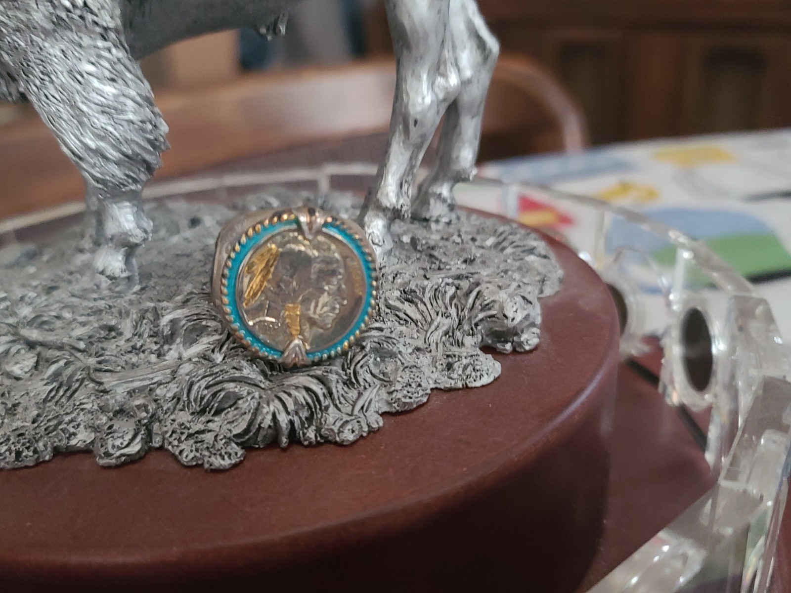 Buffalo Nickels Buffalo Figurine on Wooden Base w/ Medallion Ring, 11 in 20coins
