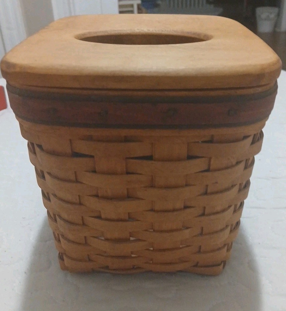 Longaberger 1994 Handwoven Square Tissue Basket with Wood Lid and Plastic Liner