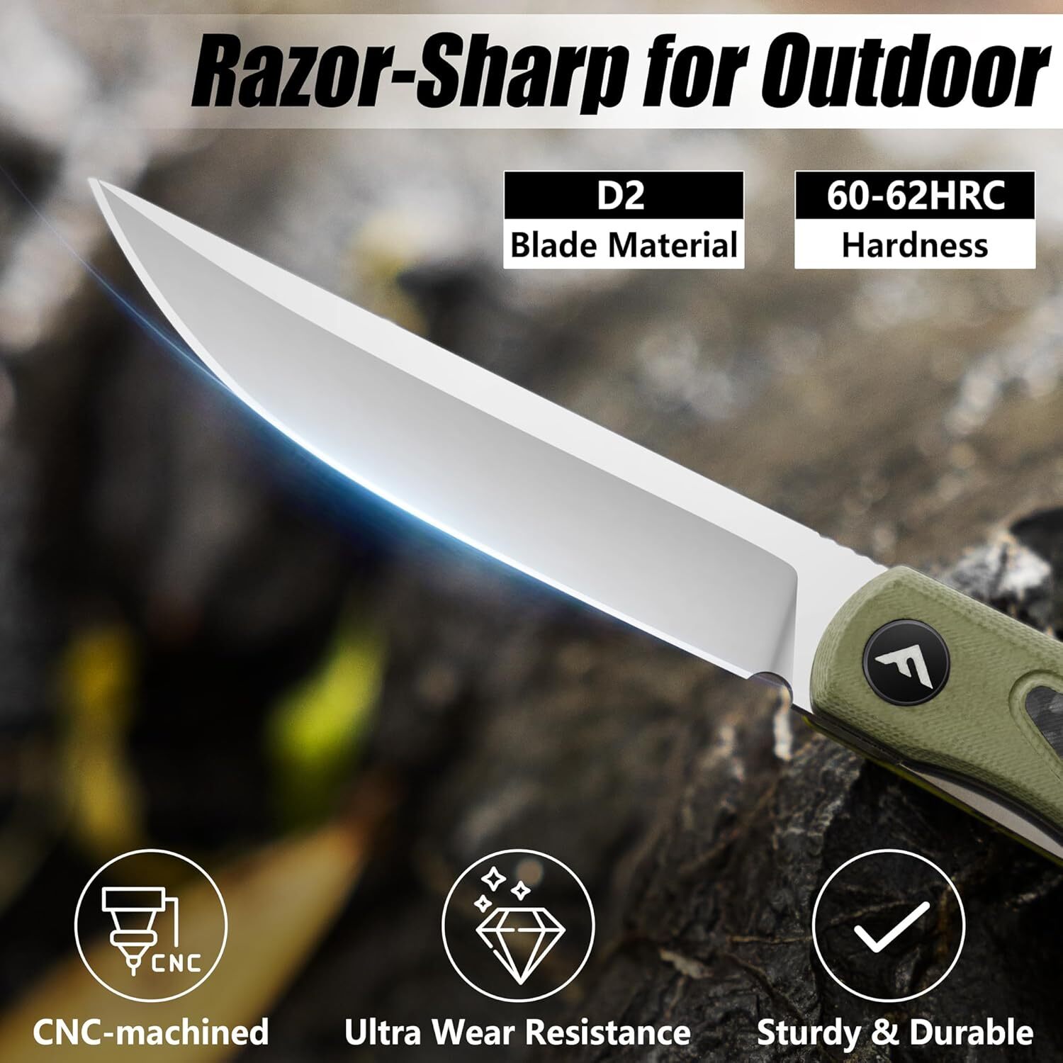 FLISSA Folding Pocket Knife D2 Blades Carbon Fiber-G10 Handle Front Flipper Open