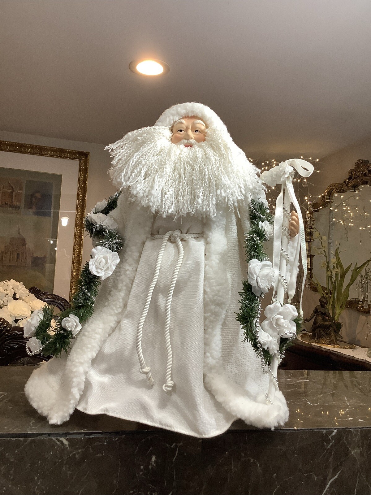 Victorian Santa Claus Tree Topper White Green Silver Gown 18” Tall 15” Wide