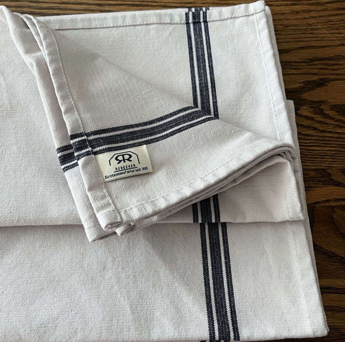 2 Redecker Kitchen Tea Hand Towels Heavy Cotton Navy Blue Stripes 18.5 x 22.5