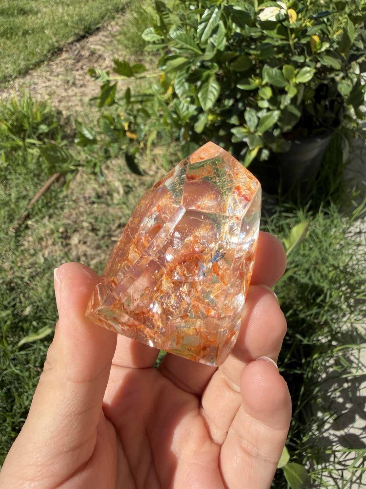 Hematite Quartz Crystal | Orange Flower Inclusions Rainbow Flash, A334