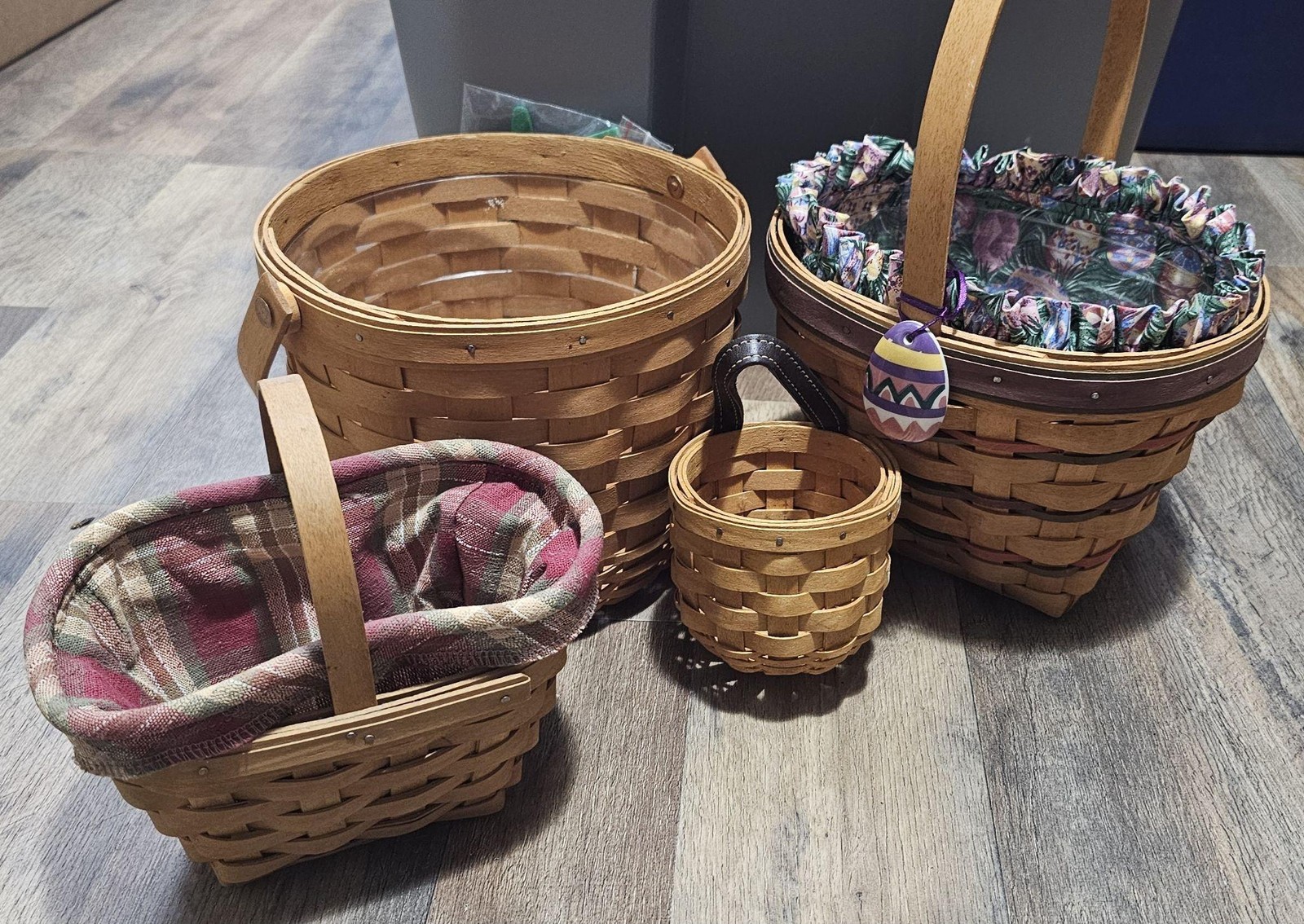 Vintage Longaberger Large Brown Basket Set 4 Woven Liners USA Easter Shamrock