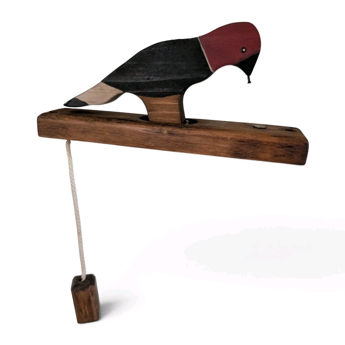 Vintage Handcrafted Folk Art Woodpecker Door Knocker with Pull Rope Rustic Decor