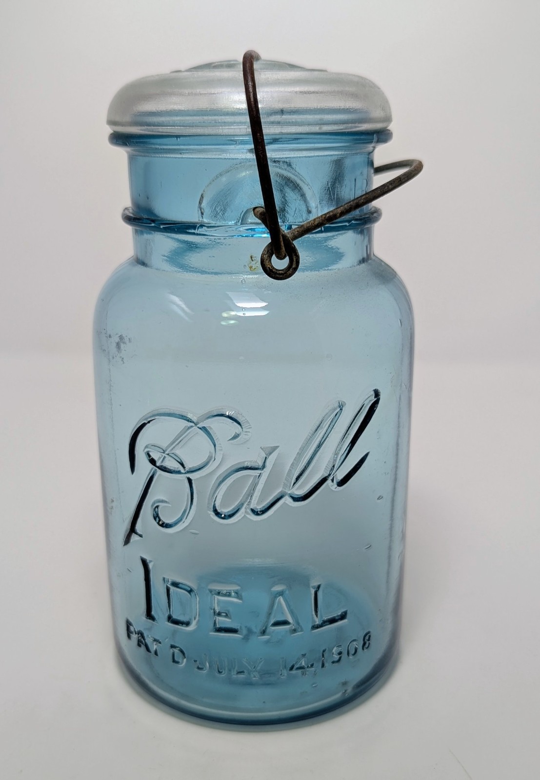 Rare Ball Ideal Blue Glass Lid Wire Top July 14 1908 Quart Mason Jar