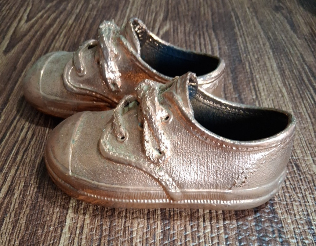 Pair Of Antique Bronzed Copper Dipped Lace Up Baby Shoes Primitive Decor