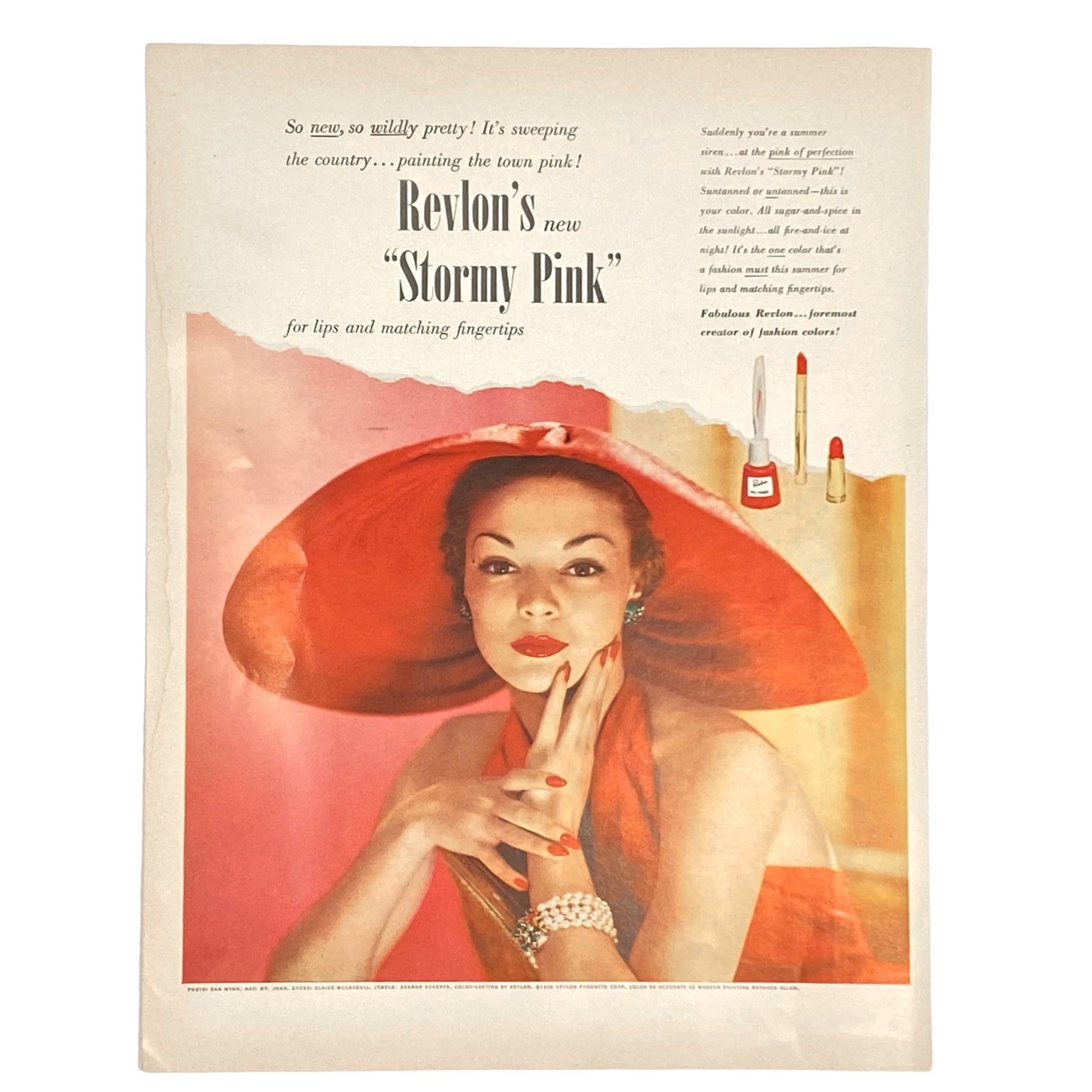 1950 Revlon Nail Polish and Lipstick – New Stormy Pink Vintage Print Ad