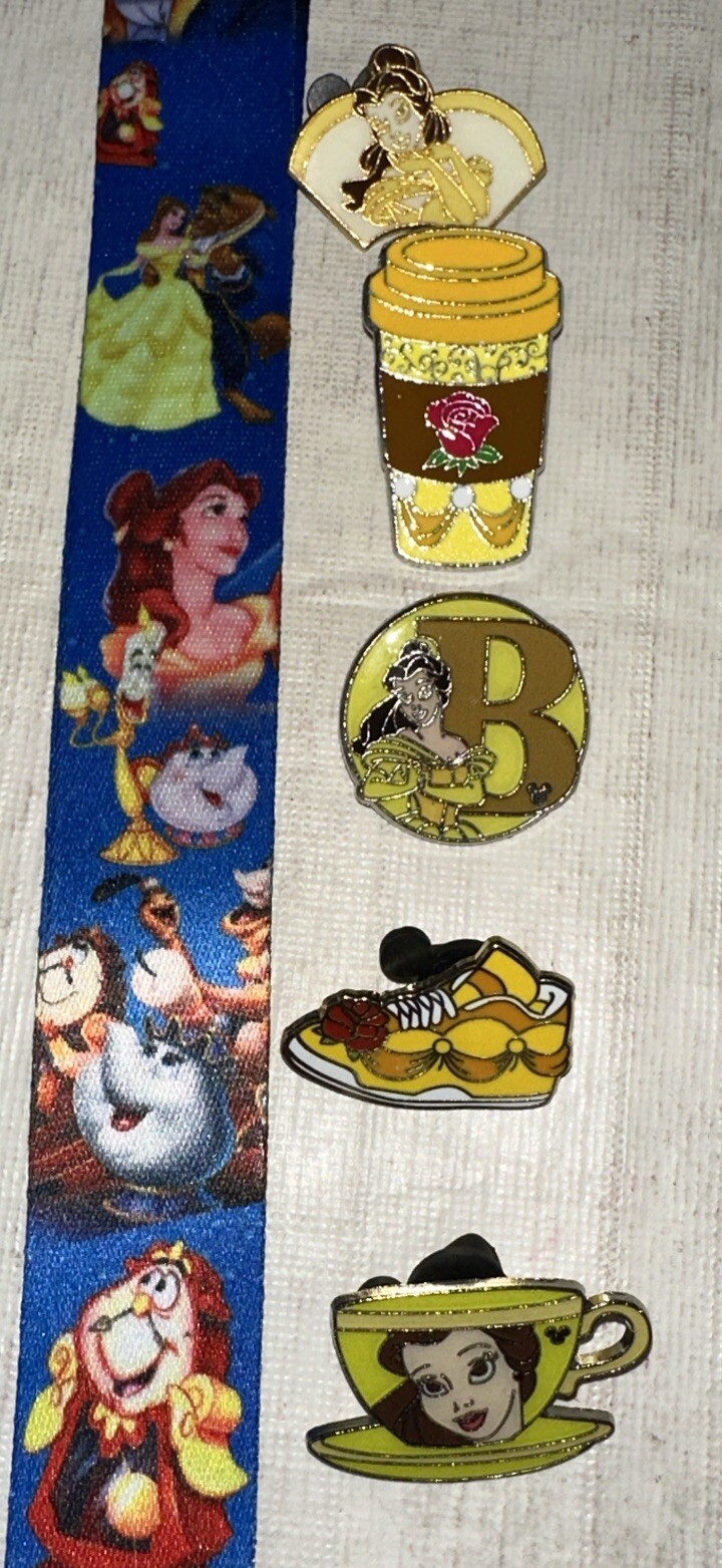 Princess Belle Beauty Beast Lanyard Set With 5 Disney Park Trading Pins New USA