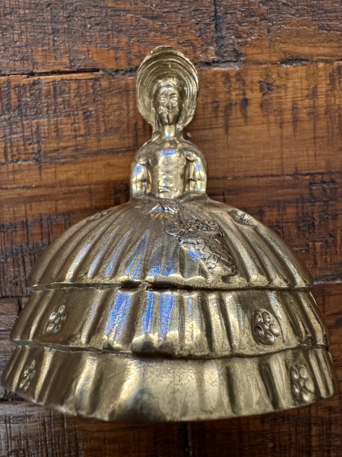 Vintage Brass Bell Made In England, Lady Bell Full Dress, Basket in Hand 3”