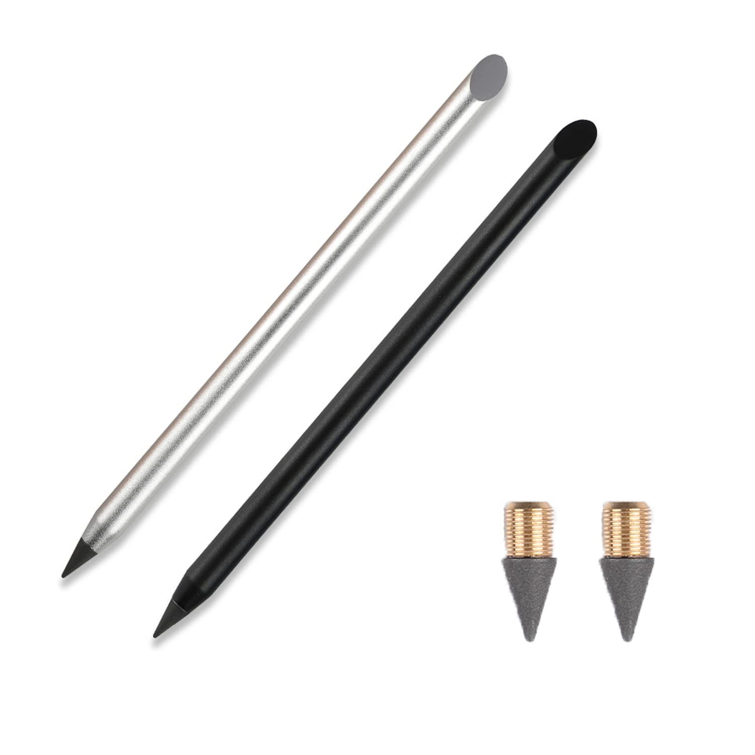 2Pcs Metal Inkless Pencil with BONUS 2 Replaceable Nibs, Metal Inkless Pen Eras