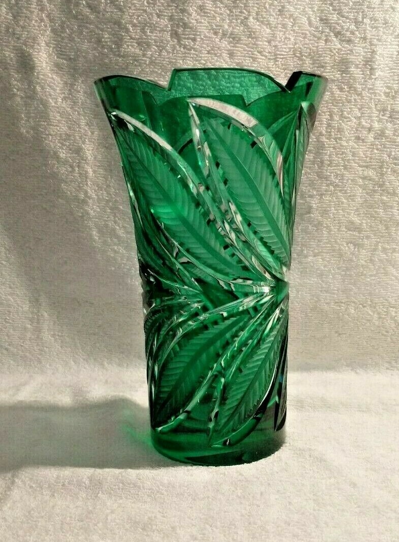 Bohemian Green to Clear Cut Crystal Vase with a Satin Finished Cut Leaf Décor
