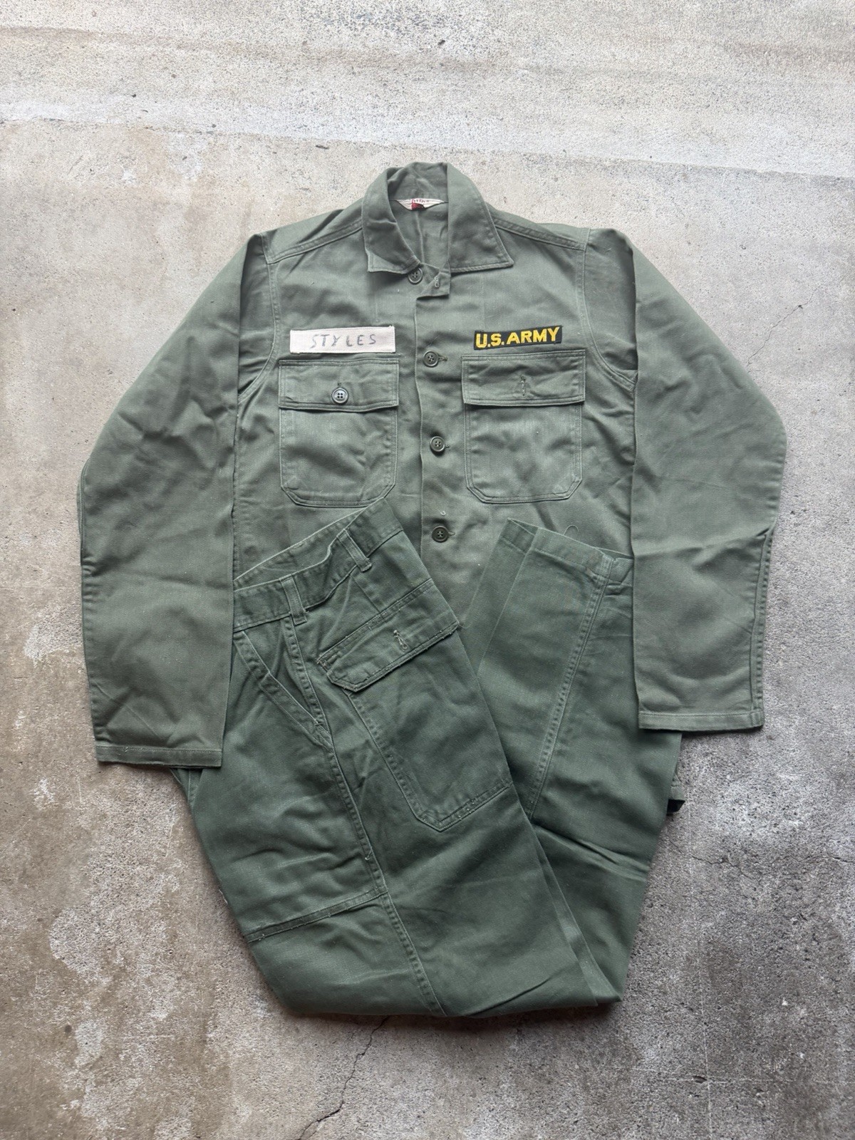 Vintage US Army OG 107 Fatigue Uniform Set BVD Shirt Trousers Named Vietnam Sm