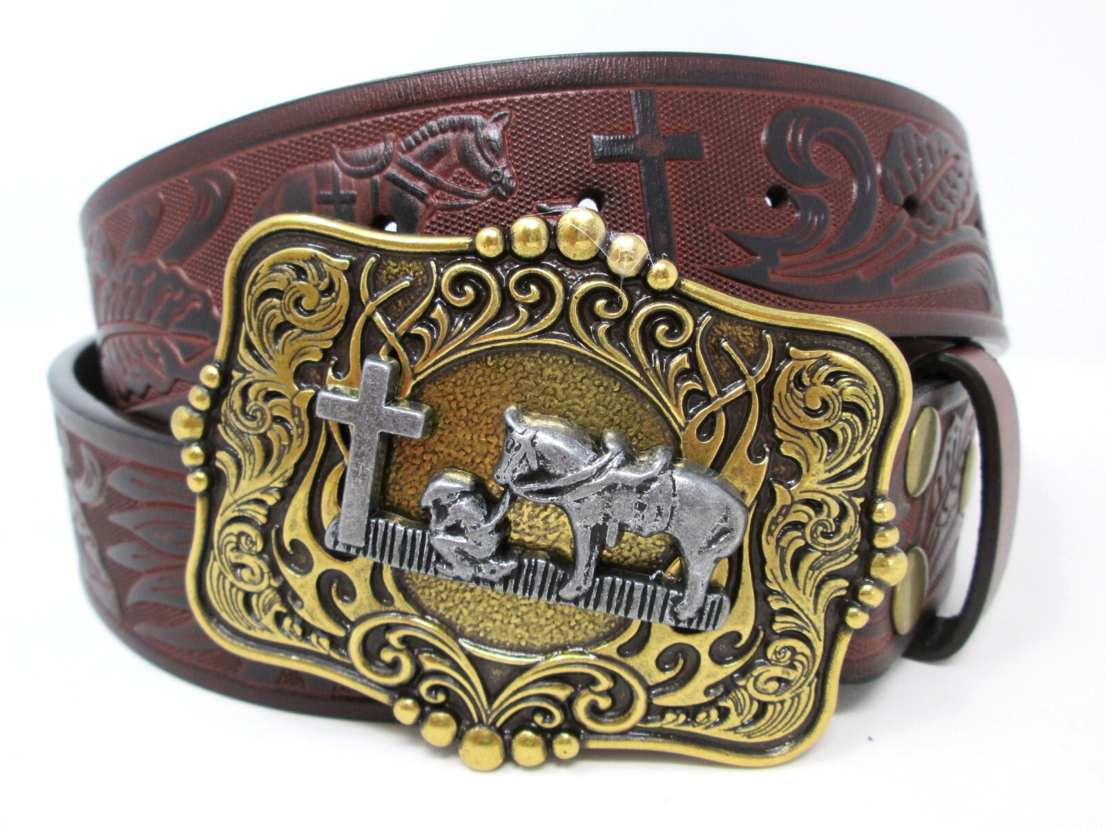 Western Cowboy Leather Tooled Belt Goldtone Buckle Horse Cross Christian Country