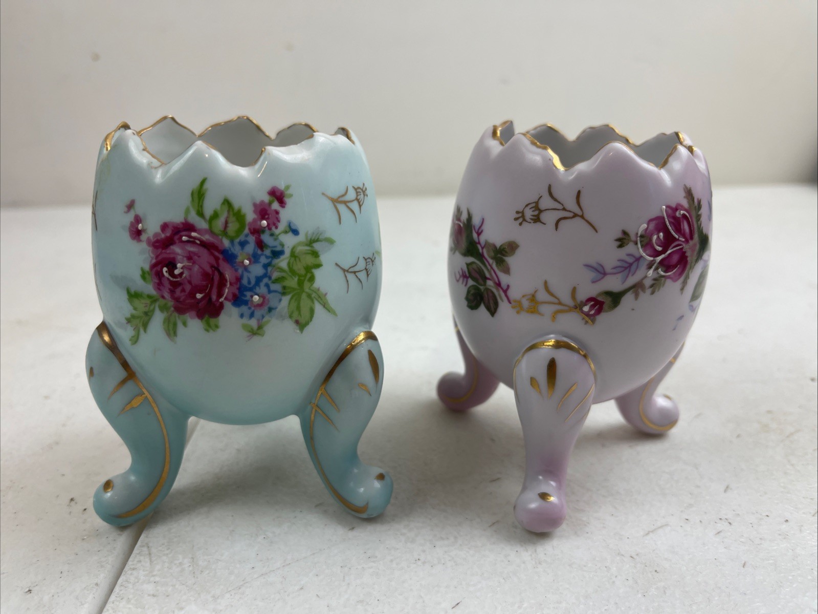Vintage 1950’s Napcoware Hand Painted Cracked Egg Vase, 3 legged Bundle Of 2