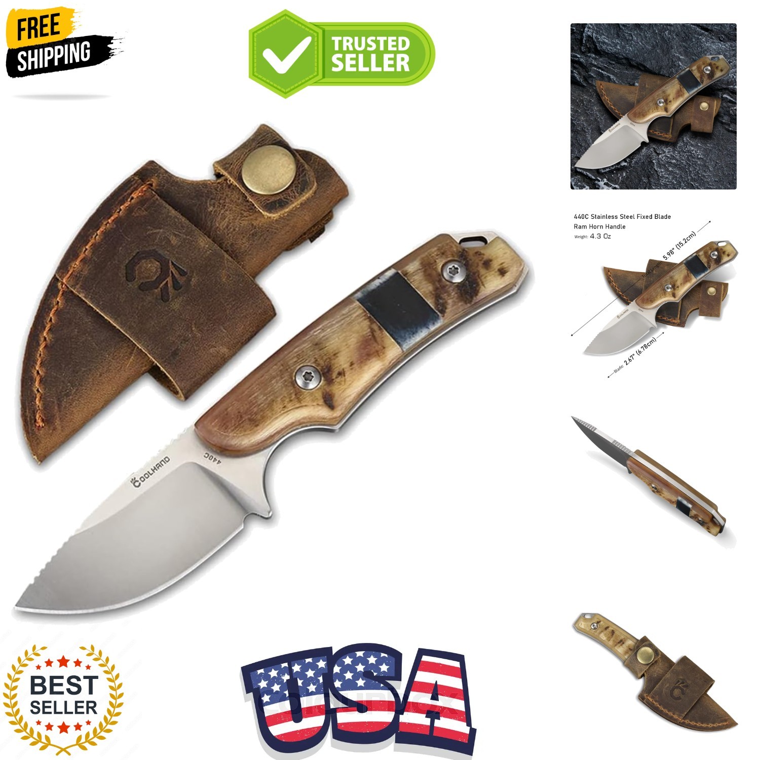 5.98″ Knife with Leather Sheath, Full Tang Compact Horizontal Carry Knife, Le…