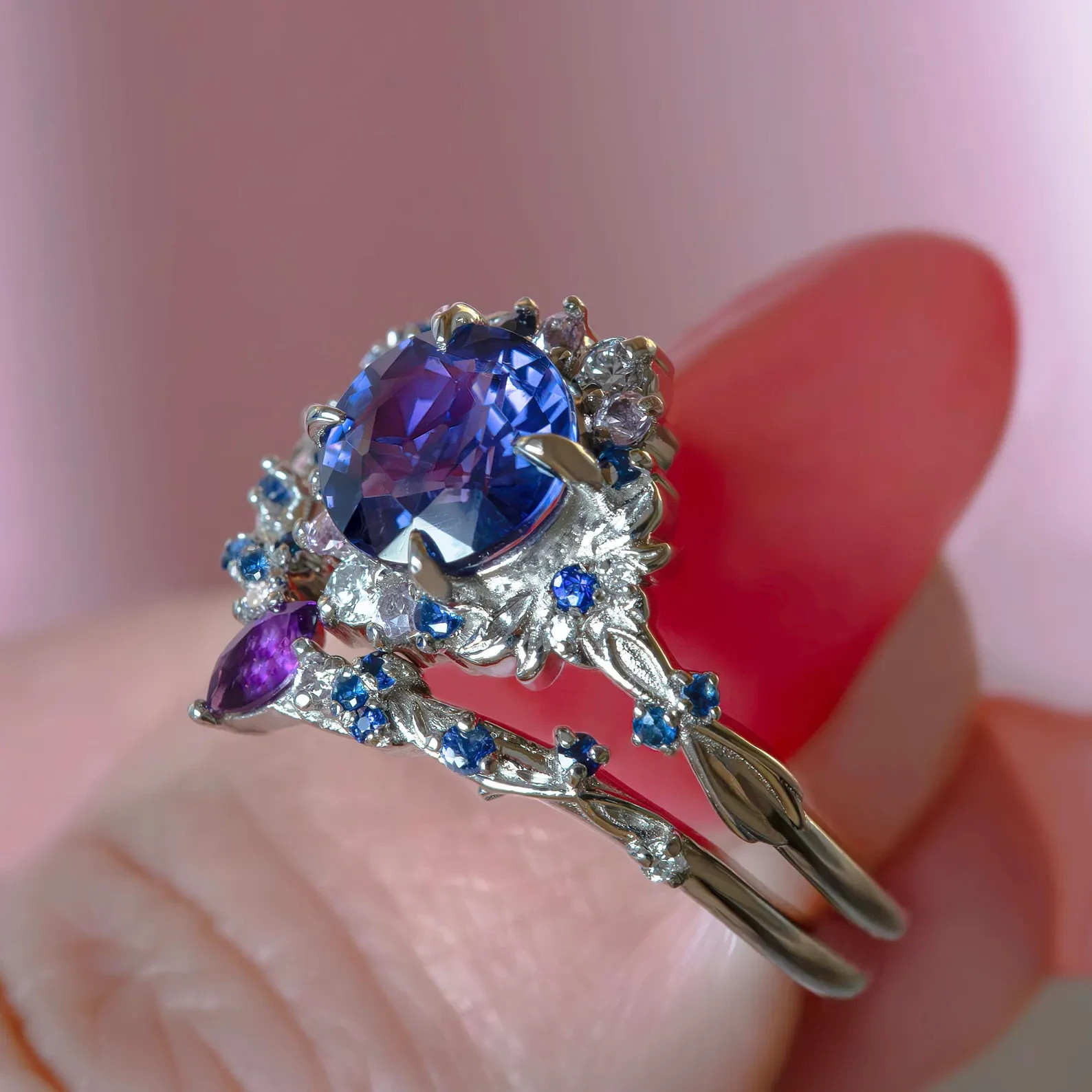Amethyst, Sapphire & Diamond 14K White Gold Over Wedding Floral Bridal Rings Set