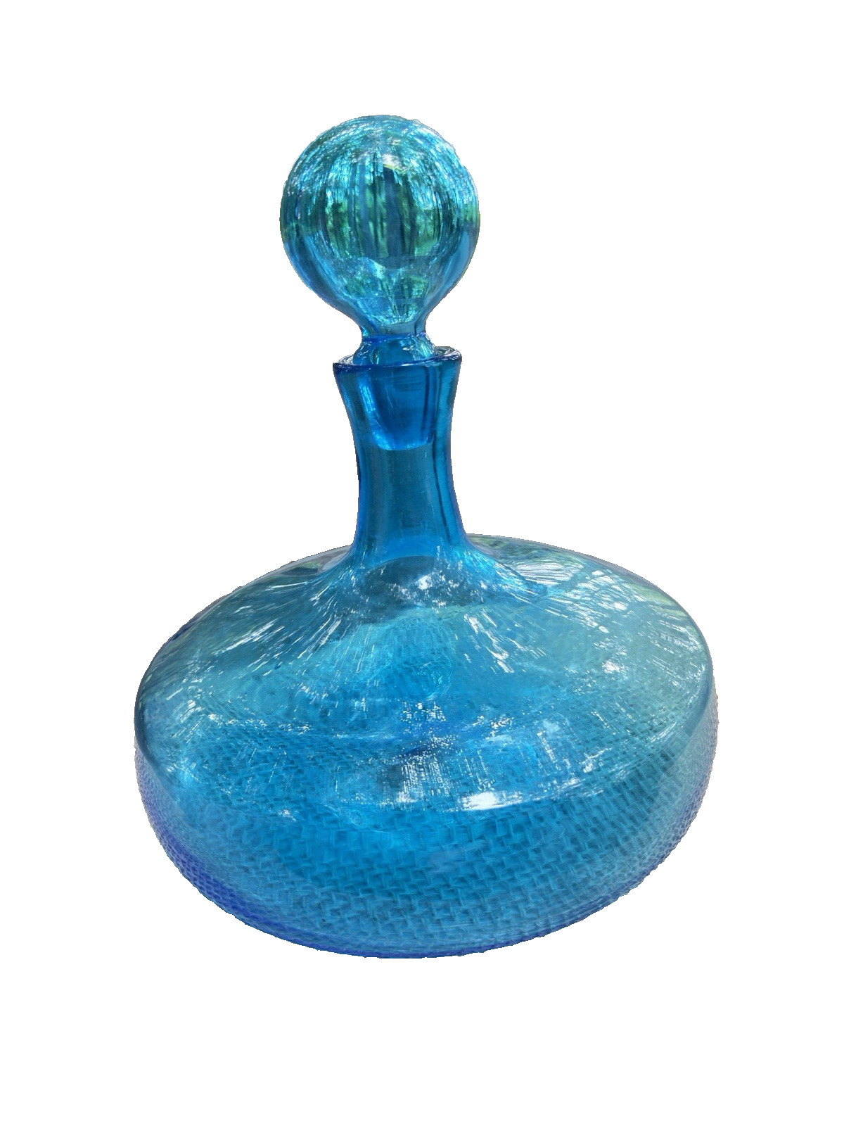 Vintage Indiana Glass Squat Decanter 9.5″ Diam 11″ Tall, Round Stopper Turquoise