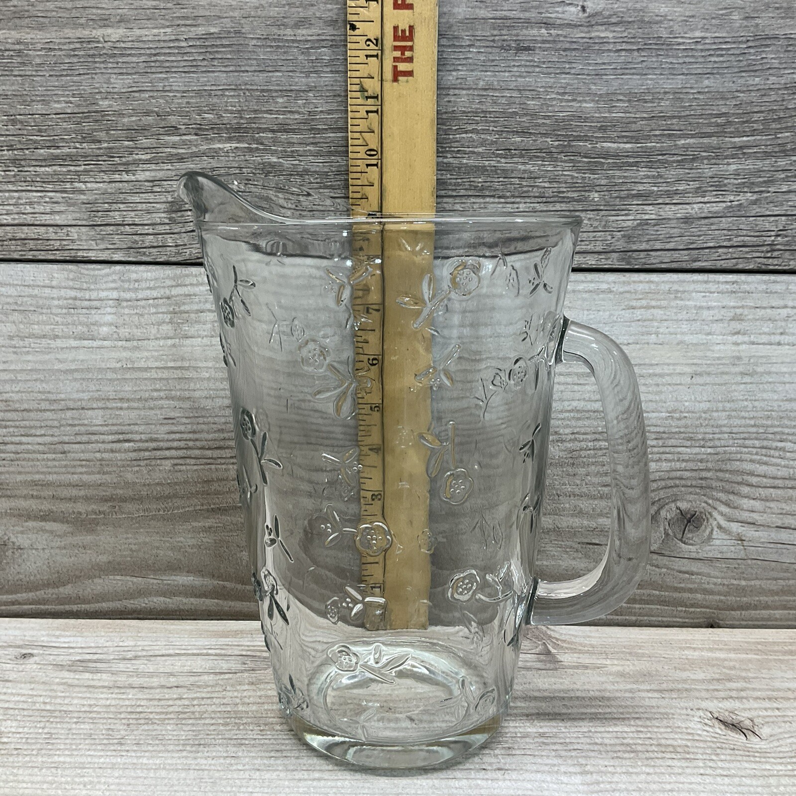 Clear Glass Beverage Pitcher With Raised Flowers All Over, No Brand