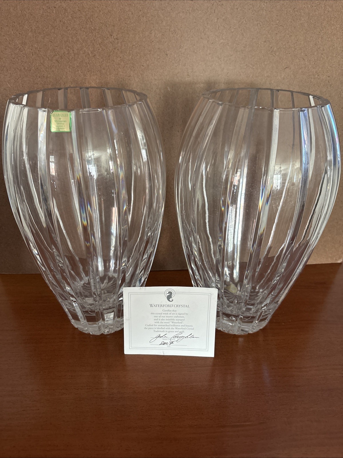 Pair Of Waterford Crystal 11 Inches Tall 6 Inches Wide Cut Glass Vases