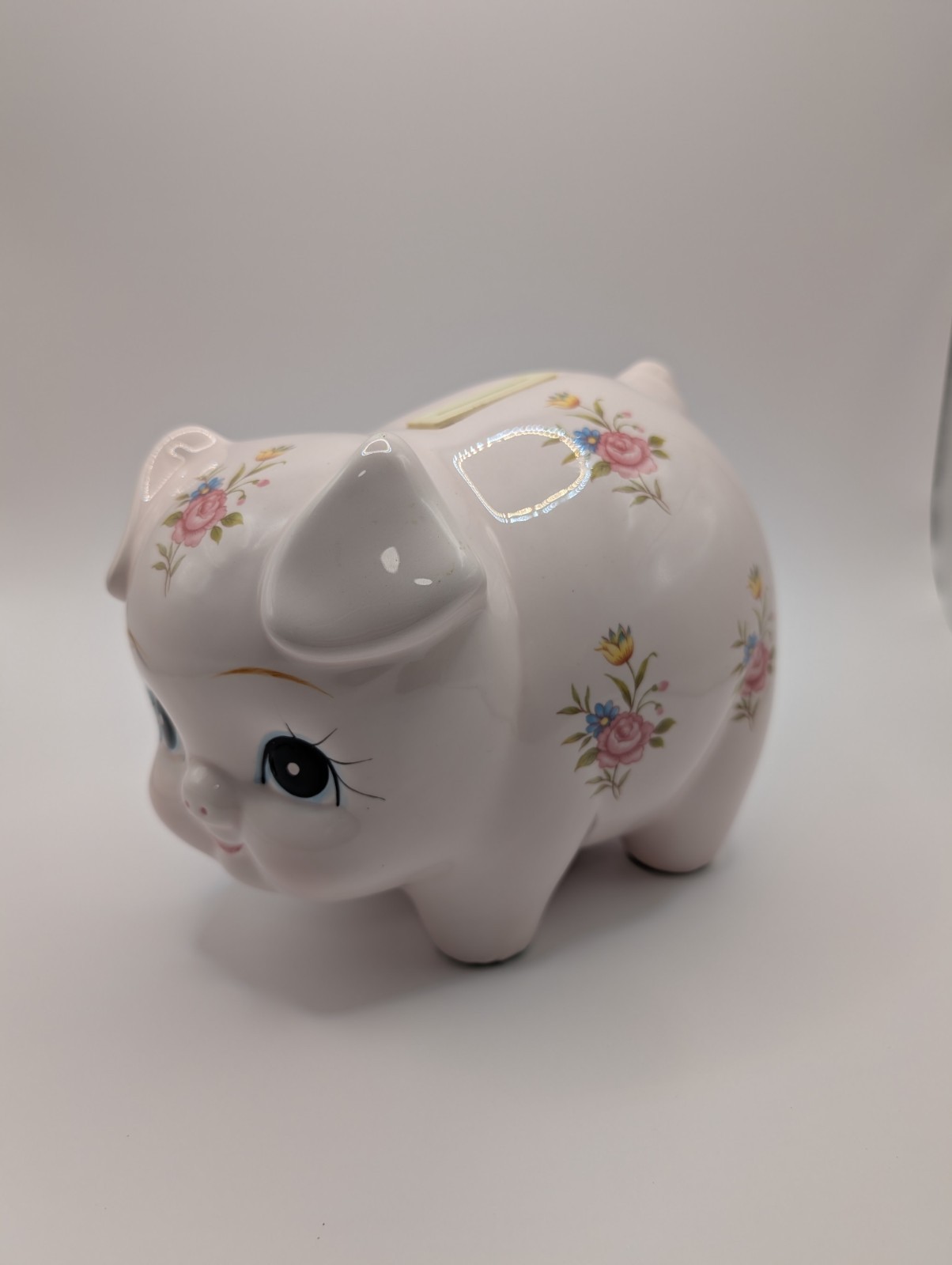 Lefton China White Floral Flowers Pig Piggy Bank Approx 7 x 6 x 5