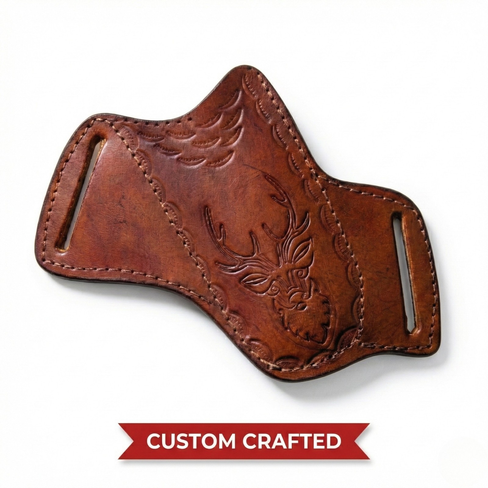 SK CUSTOMS Signature Leather Pancake Knife Sheath Hand-Tooled Stag Design Brown