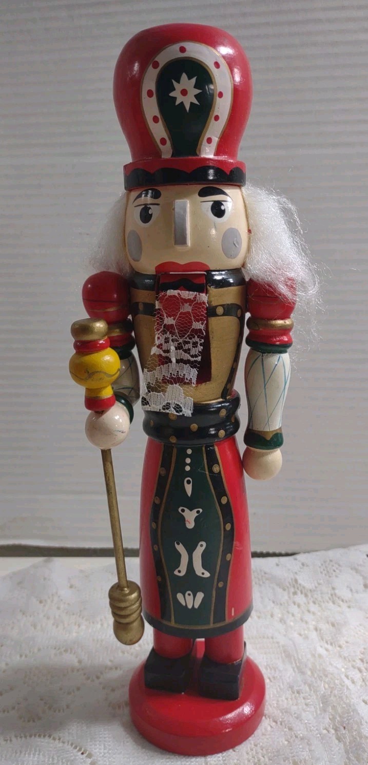 Christmas Nutcracker 11″ Wooden Folk Art Style Russian W/ Lace Colorful Vintage