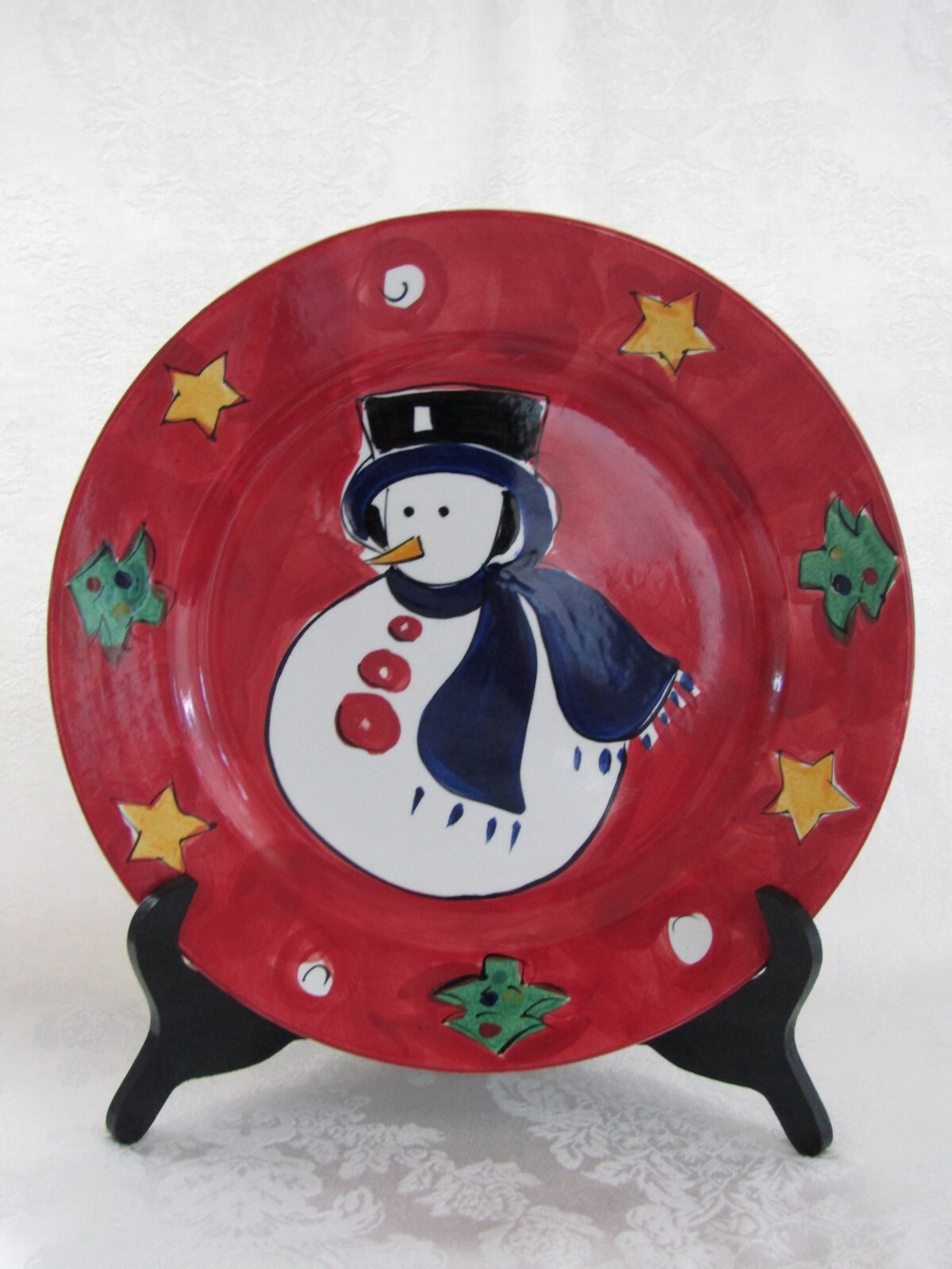 Rose Company Snowman, Christmas Trees & Stars Border Ceramic 13” Platter Plate