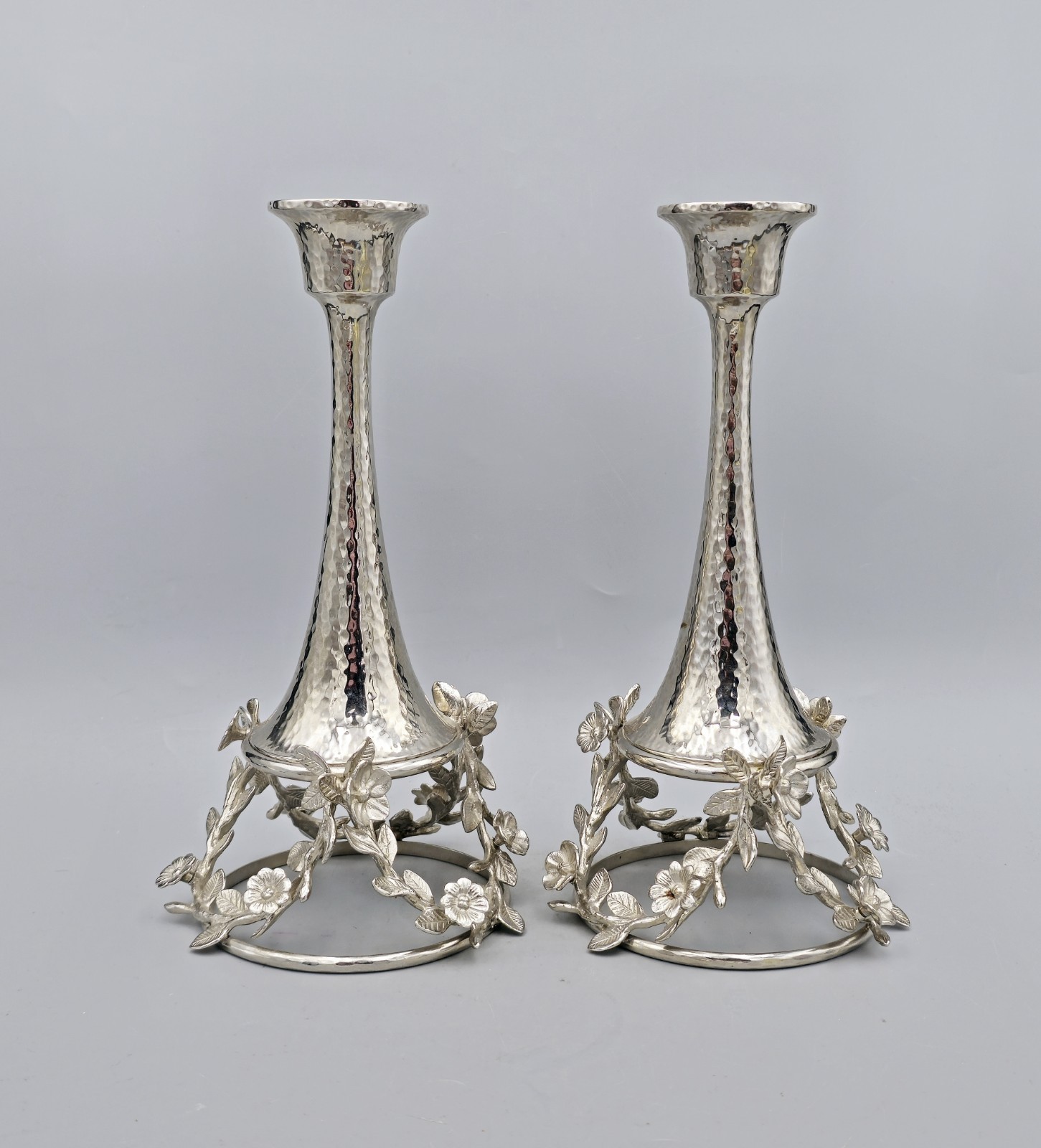 Pair Micheal Aram Silver Orchid Hammered Metal Candle Stick Holders 9.75″