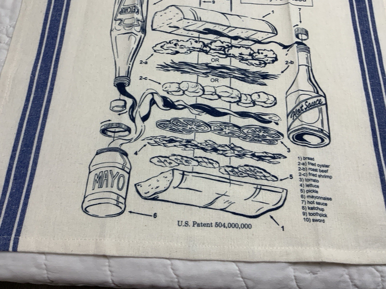 Kitchen Dish Towel, Cotton, Po’ Boy Sandwich Recipe, Stripes, White & Blue
