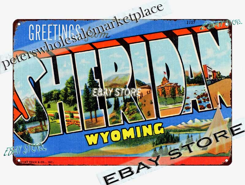 1941 Greetings from Sheridan Wyoming western town Tin Sign accent walls