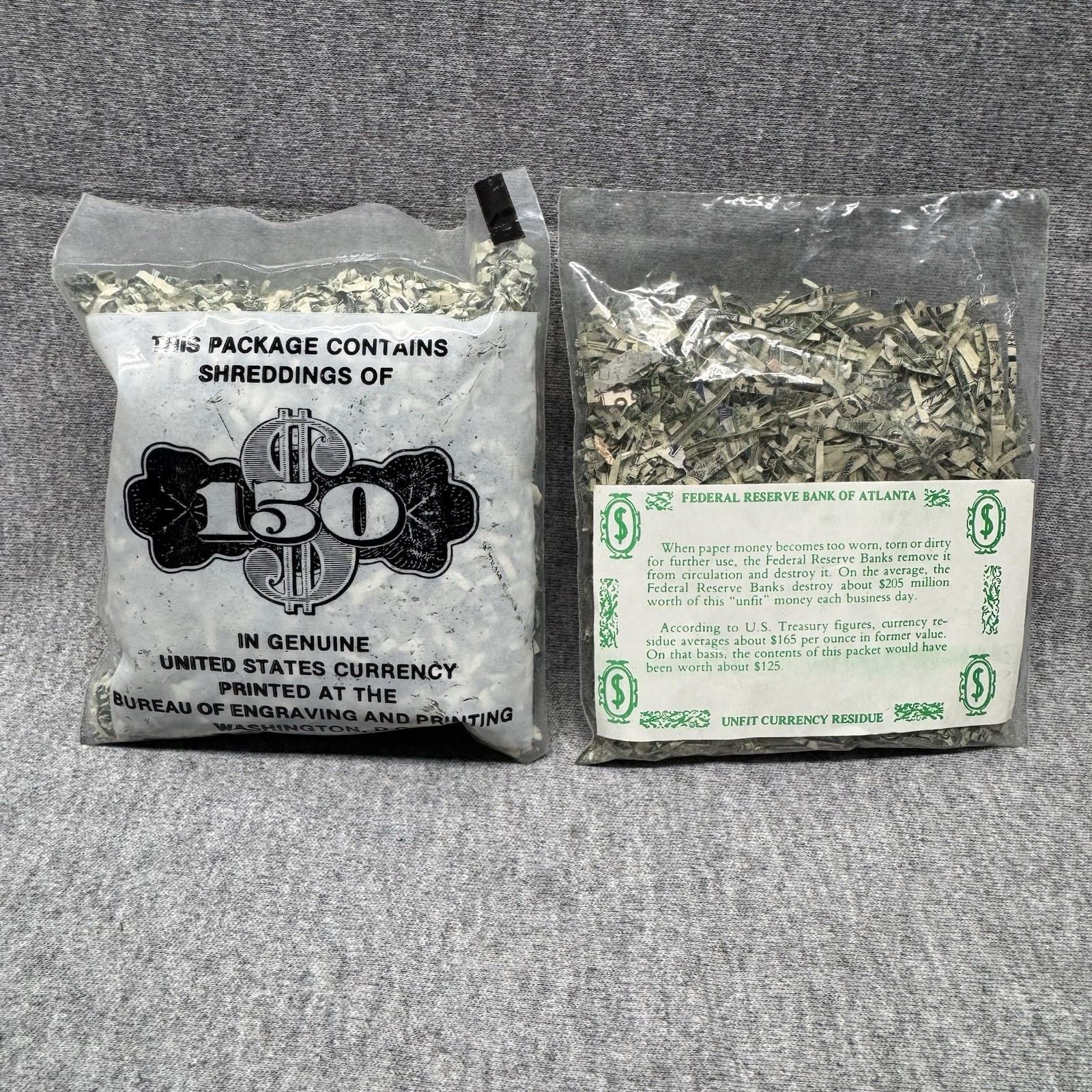 Vintage 1980S Bags OF GENUINE $150 + $125 SHREDDED MONEY UNITED STATES CURRENCY