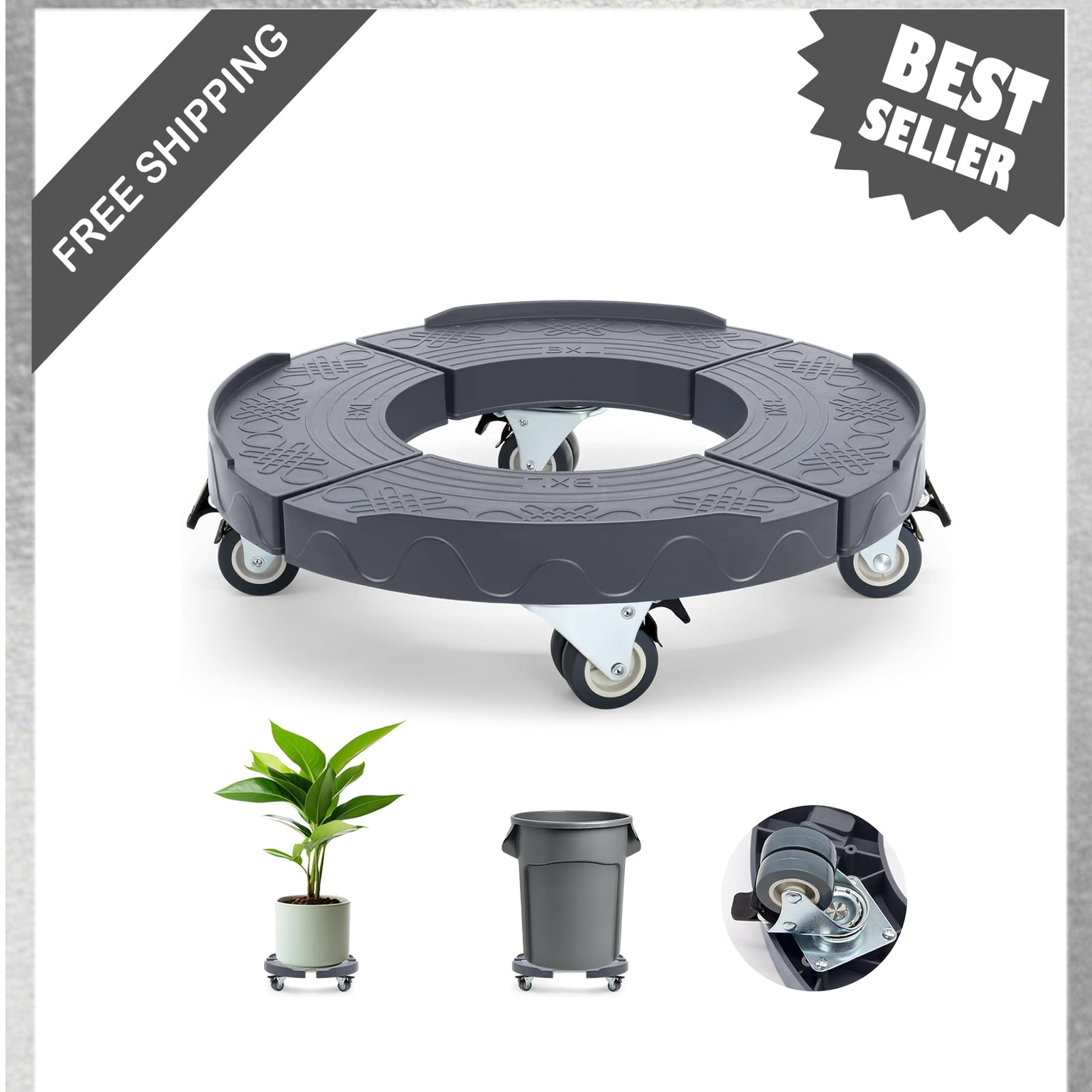 Round Trash Can Dolly with Locking Wheels Adjustable 15-19 Inch Heavy Duty Steel