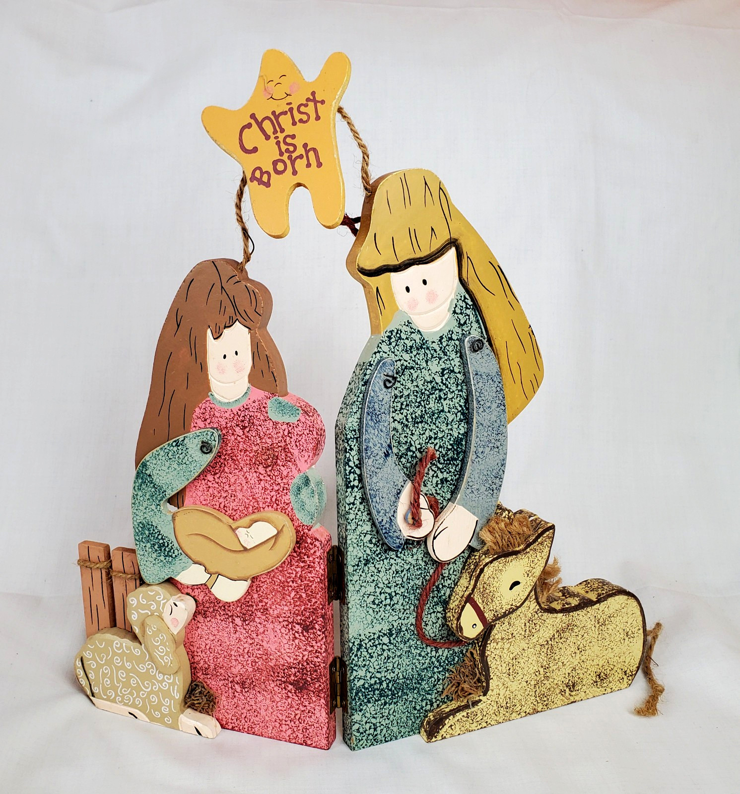 Vintage Enesco Hand Painted Wooden Hinged Nativity Scene “Christ is Born”