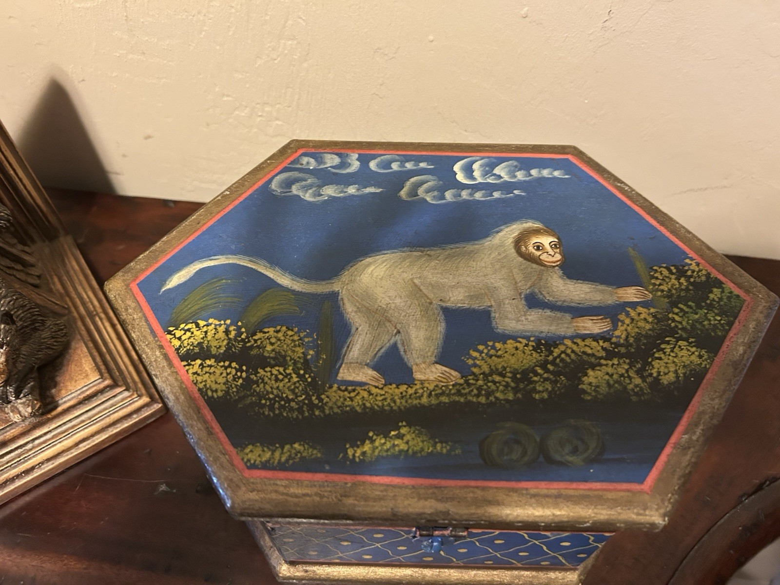 Hand Painted “Monkey Business” Folk Art Box~Hinged~11 X 7″ & 4.5″ tall