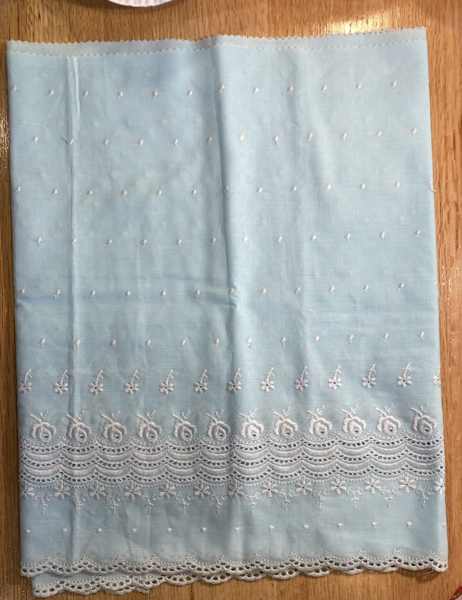 VTG Light Blue Embroidered & Eyelet Trimmed Edge Remnant Cotton Fabric 16″ x 5′