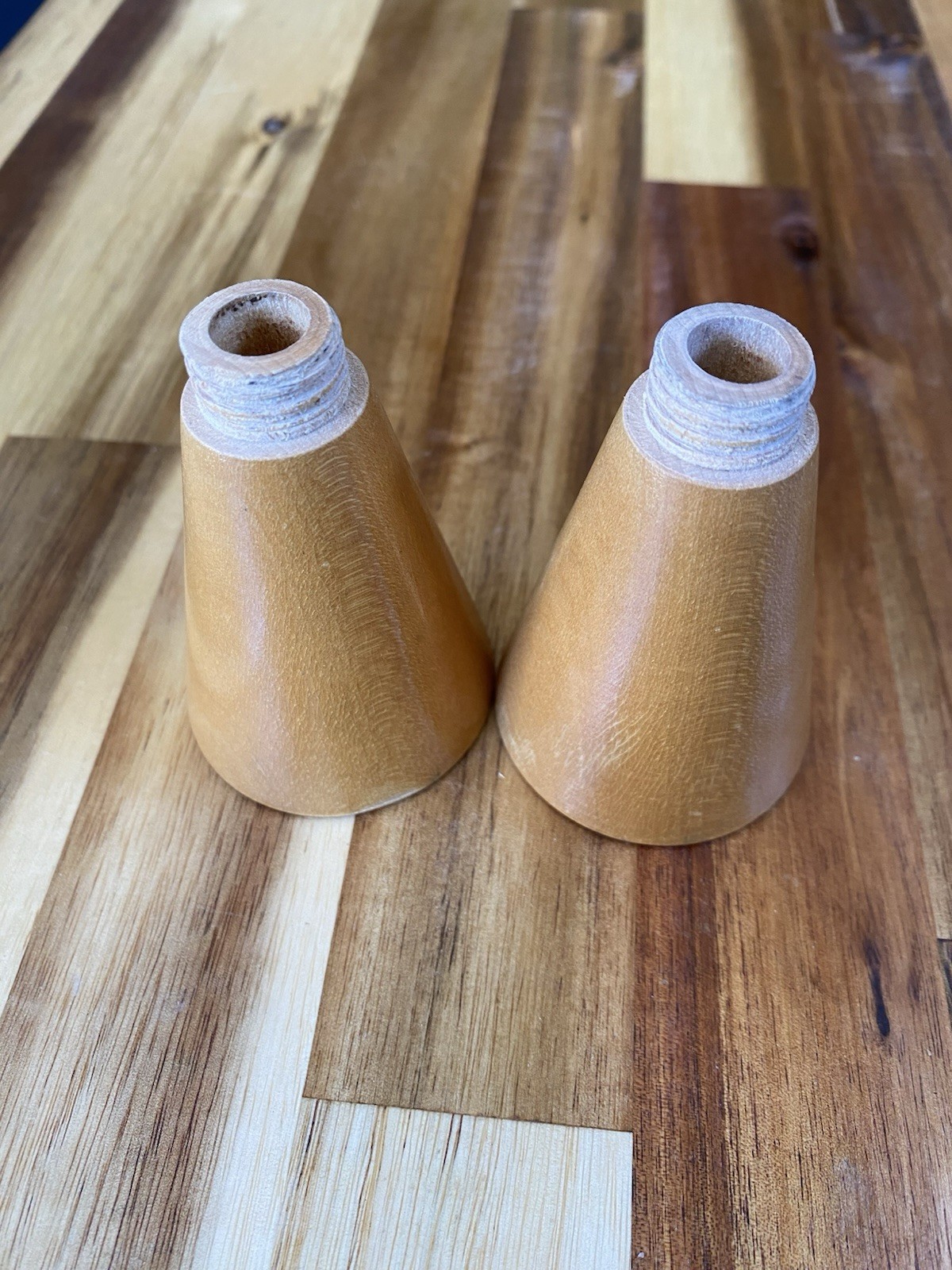 MCM Wood Grain Cone Salt & Pepper Shakers Set, Medium Brown w/ Metal Lids (2)