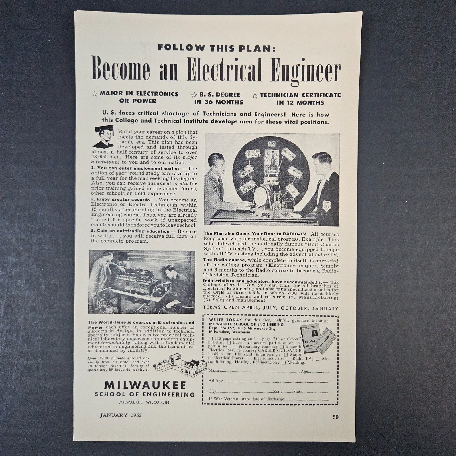 1952 Become An Electrical Engineer Milwaukee School Vintage Print Ad Technician