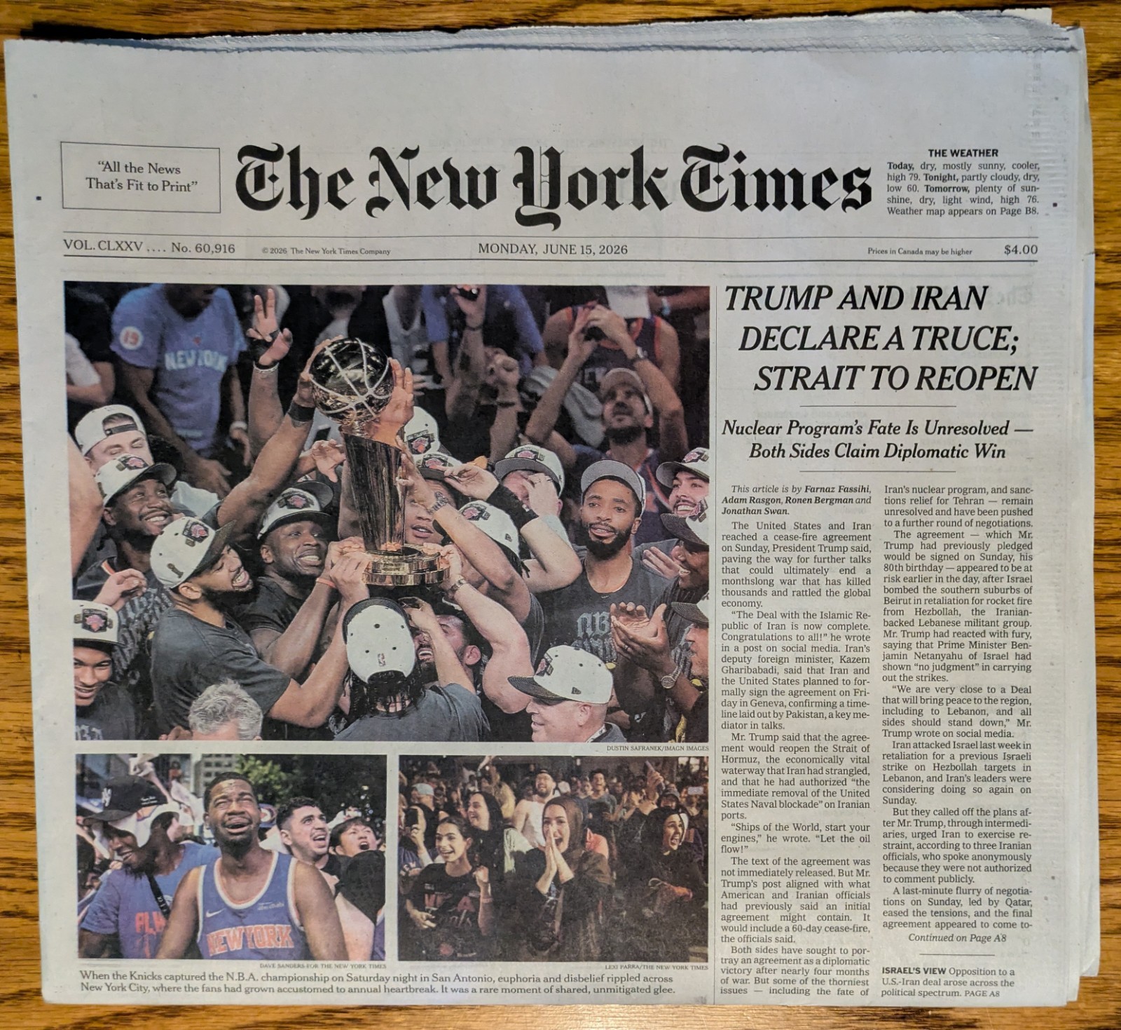 The New York Times “NY Knicks Win The NBA FINALS” Complete Newspaper 6/15/26